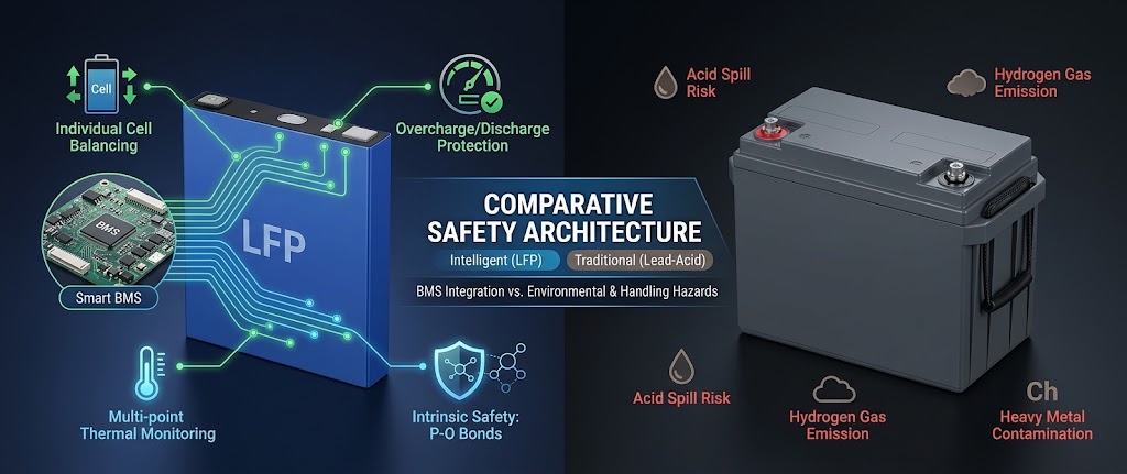 Technical infographic comparing LiFePO4 battery intrinsic safety and smart BMS integration with lead-acid battery hazards like acid spills and hydrogen gas.